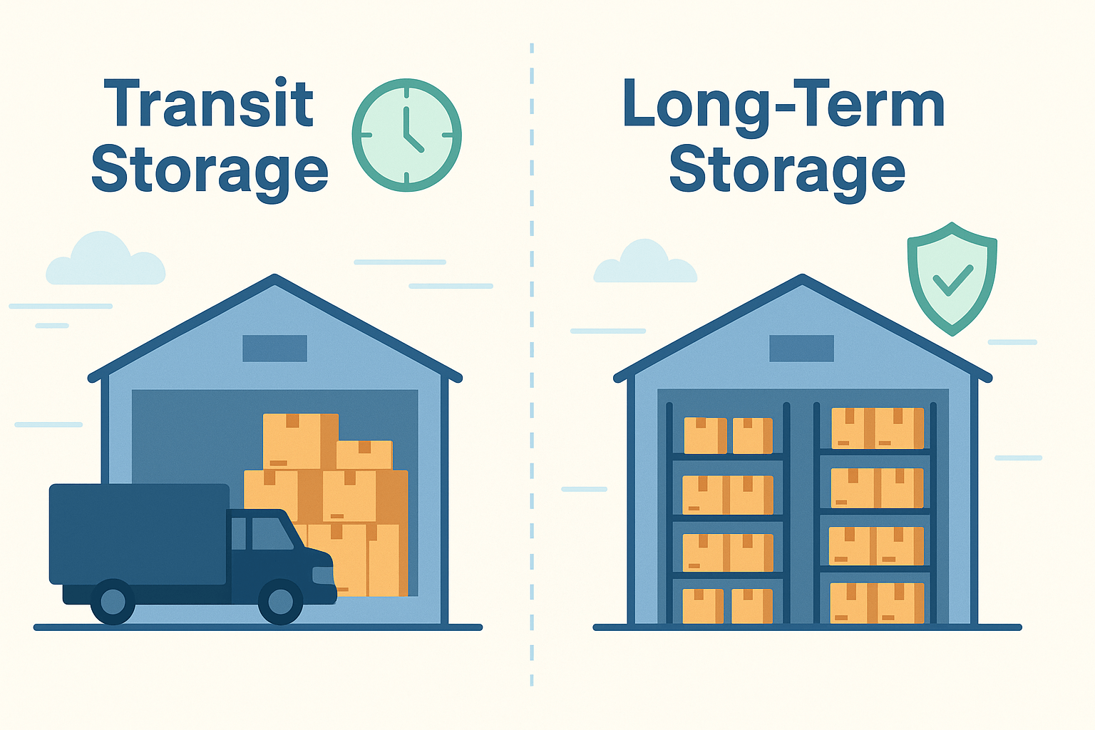 Descubre las diferencias entre almacenamiento de tránsito y de largo plazo, qué servicio elegir, ventajas logísticas y cuándo conviene cada opción.