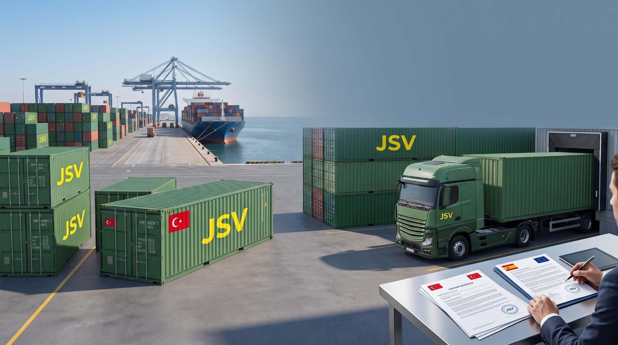 Agente de aduanas revisando documentación de importación desde Turquía en el puerto de Barcelona