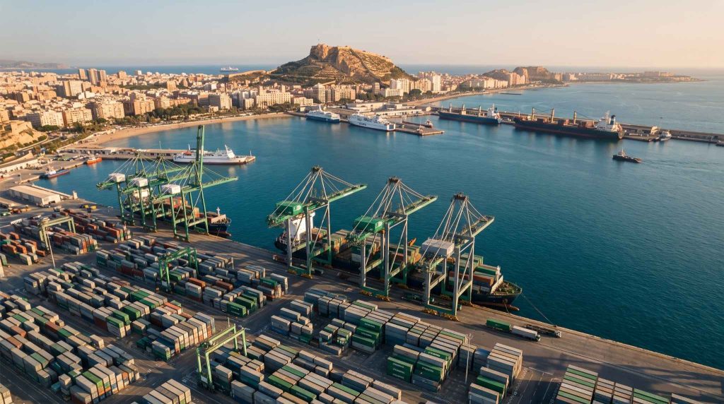 Vista aérea del Puerto de Alicante como hub logístico para distribución en el arco mediterráneo